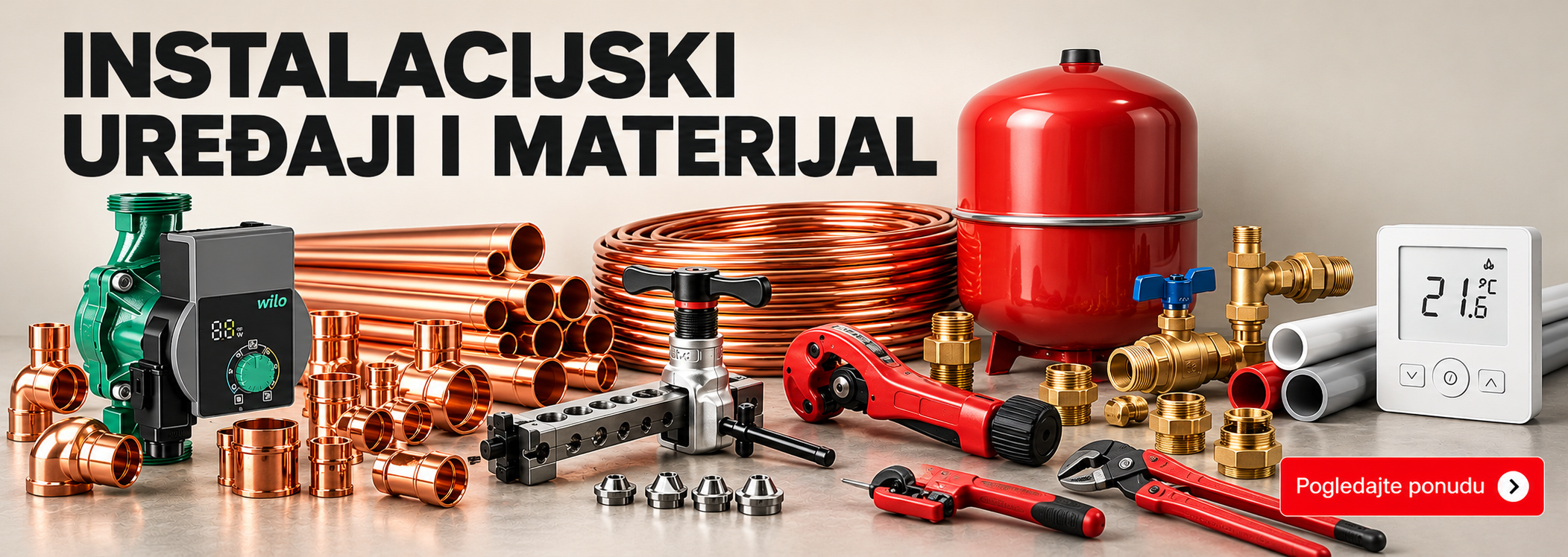 Instalacijski uređaji i materijal — Wilo pumpa, ekspanzijska posuda, cijevi, fitinzi i alati